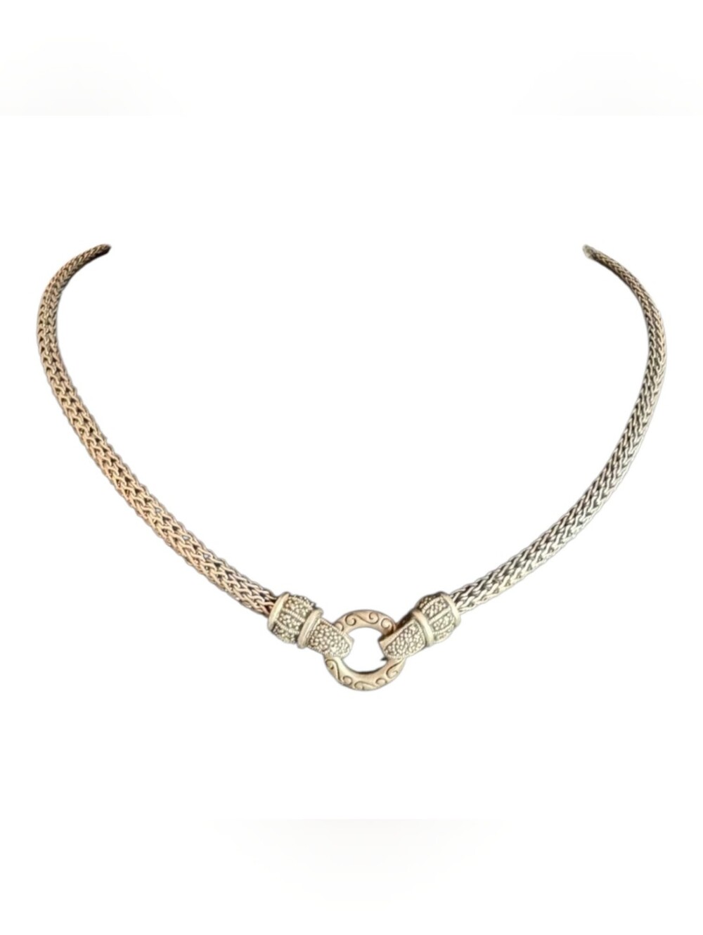 Vintage CNA Sterling Silver Woven Wheat Mesh Collar Necklace w/ Scrollwork 17.5